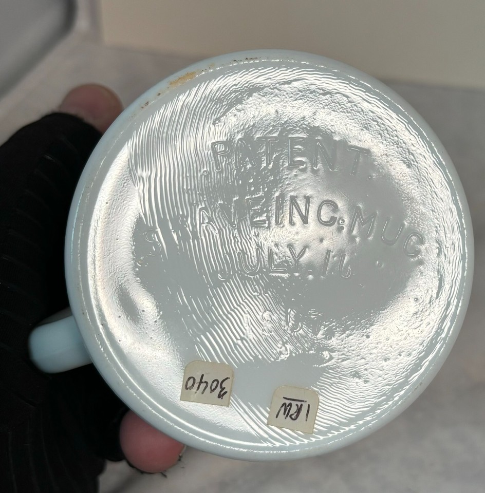 ANTIQUE PATENT 1867 EMBOSSED MILK GLASS SHAVING MUG WITH BEARDED MAN’S