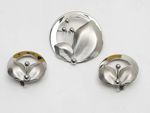 Vintage Emmons Deco Floral Brooch & Clip-on Earrings Costume Jewelry Set