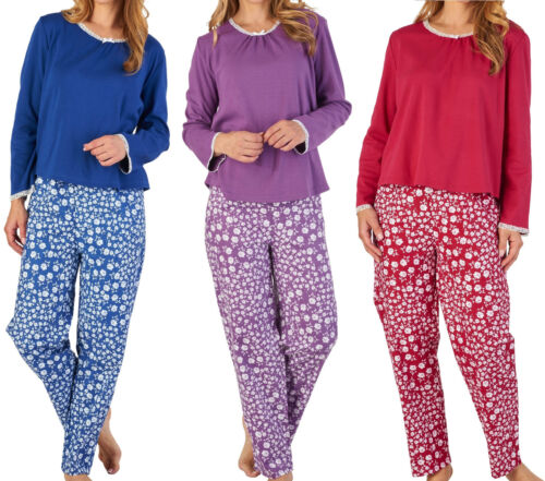 Ladies Slenderella Brushed Cotton Floral Pyjamas Long Sleeve Top Flower Bottoms - Afbeelding 1 van 13