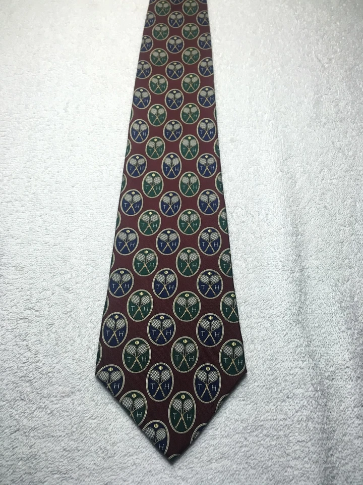 TOMMY HILFIGER МУЖСКОЙ ГАЛСТУК БОРДОВЫЙ С СИНИЙ ЗЕЛЕНЫЙ БЕЖЕВЫЙ ТЕННИСНЫЕ РАКЕТКИ 4 X 59 - Изображение 2 из 4