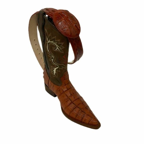 Men's Cowboy Crocodile Print Leather Western Snip Toe Boots With Matching Belt - Picture 3 of 3