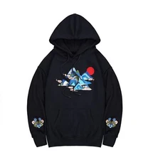 Niepce Streetwear Japanese Embroidered Mountains Hoodie Black Sweatshirt