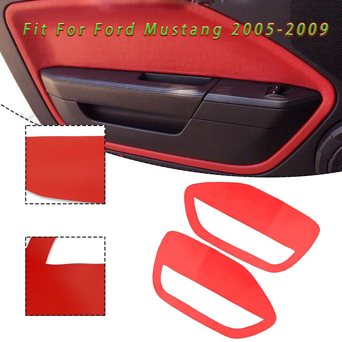 Red Front Door Panel Insert Cards Leather Cover For Ford Mustang
