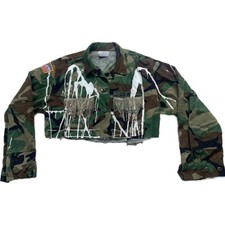 Hunter Scotto Cropped Splatter Painted Rhinestone Fringe Army Camo Jacket