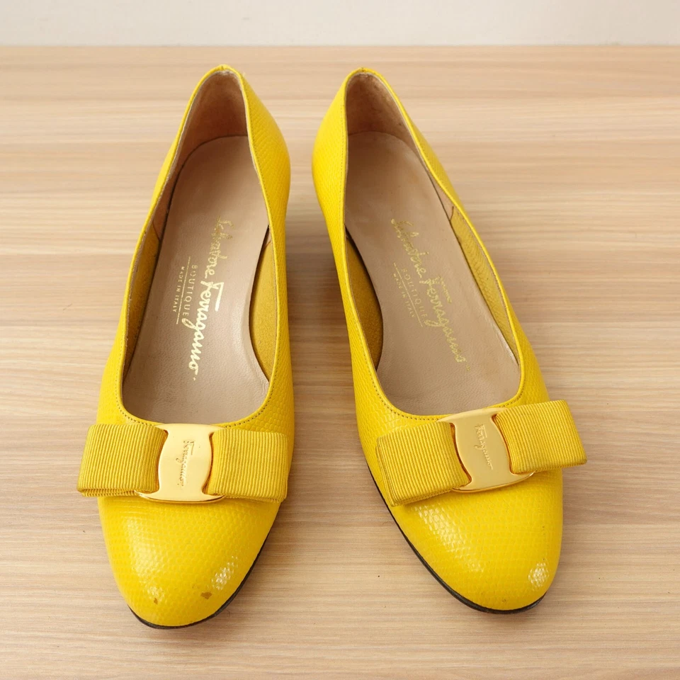 Salvatore Ferragamo Zapatos Mujer 5 C Arco Plano Vara Ancho Exótico Corte Lagarto Años 90 Foto 2 de 4