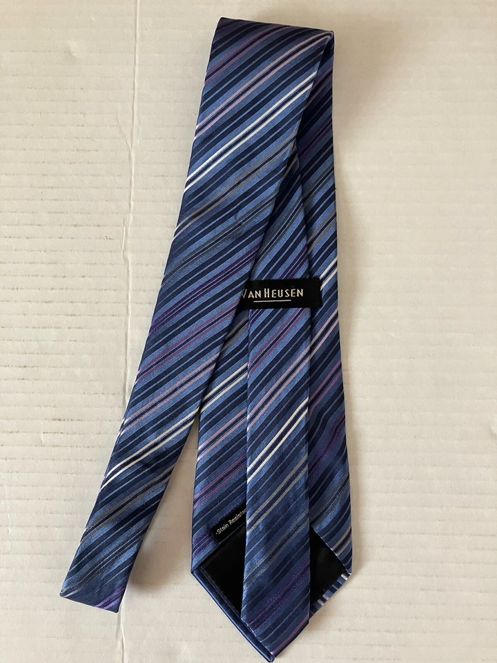 Corbata de seda para hombre Van Heusen hecha a mano púrpura azul negro blanco a rayas Foto 3 de 4