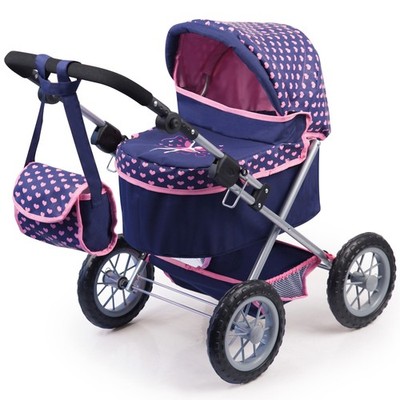 Bayer Trendy Doll Pram Stroller - Navy Pink Hearts, Foldable w/ Bag, 18'' Max