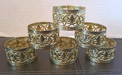 Vtg Kemp Beatley? Gold Tone Metal Napkin Rings Set of 6 Filigree Fluer-De-Lis