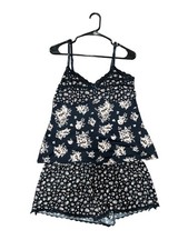 Womens Navy Floral Print Camisole  Shorts Pajama Set Size Large Loungewear