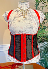 Exotic Under-Bust Boned Corset/Waist Cincher In Black W/Bold Red Accents, Sz 5XL