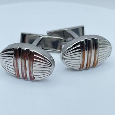 Vintage Ike Behar Silver-Tone Oval Ridged Engraved Metal Toggle Back Cufflinks