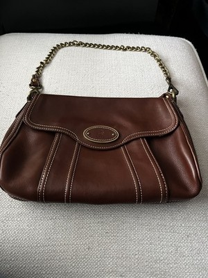 Talbots Vintage Brown Leather Purse With Thick Chain And Leather Strap Handle