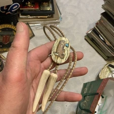 RARE VTG Western Hand Curved Bolo Tie Antler Copper Silver And Turquoise 30”