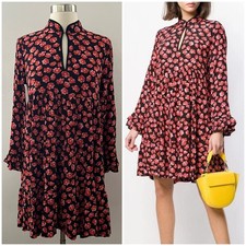 Ganni Lindale Floral Crepe Mini Dress Size 6 Black Red Mod Retro Ruffle Flowy
