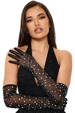 Rhinestone Sheer Long Gloves Stretchy Mesh Elbow Length Tulle Gloves Black