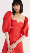 Rumer Revolve New Freya Linen Mini Dress Red Medium $269 Puff Sleeve Cut-Out 