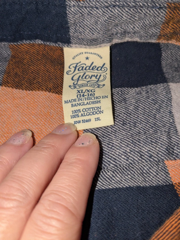 Camisa de Franela Glory Desteñida Niños XL Naranja Negro Gris Blanco A Cuadros Abotonada Foto 2 de 2