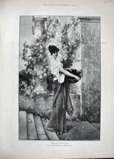 Old Antique Print 1892 Wunnenberg Fine Art Beautiful Woman Basket Flowers 19th