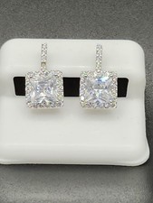 Square Cubic Zirconia Halo Setting 925 Silver Dangle Earrings
