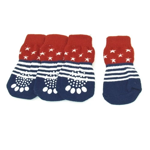 4 x Paw Shape Bottom Elastic Acrylic Pet Dog Puppy Socks Dark Blue White Red L
