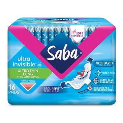 SABA Ultra Invisible Ultra Thin Long Pads with Wings, Heavy Flow, 6-Pack of 1...