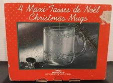 4 Duralex Saint Gobain France Clear Mugs Christmas Bell, Ornament, Berries