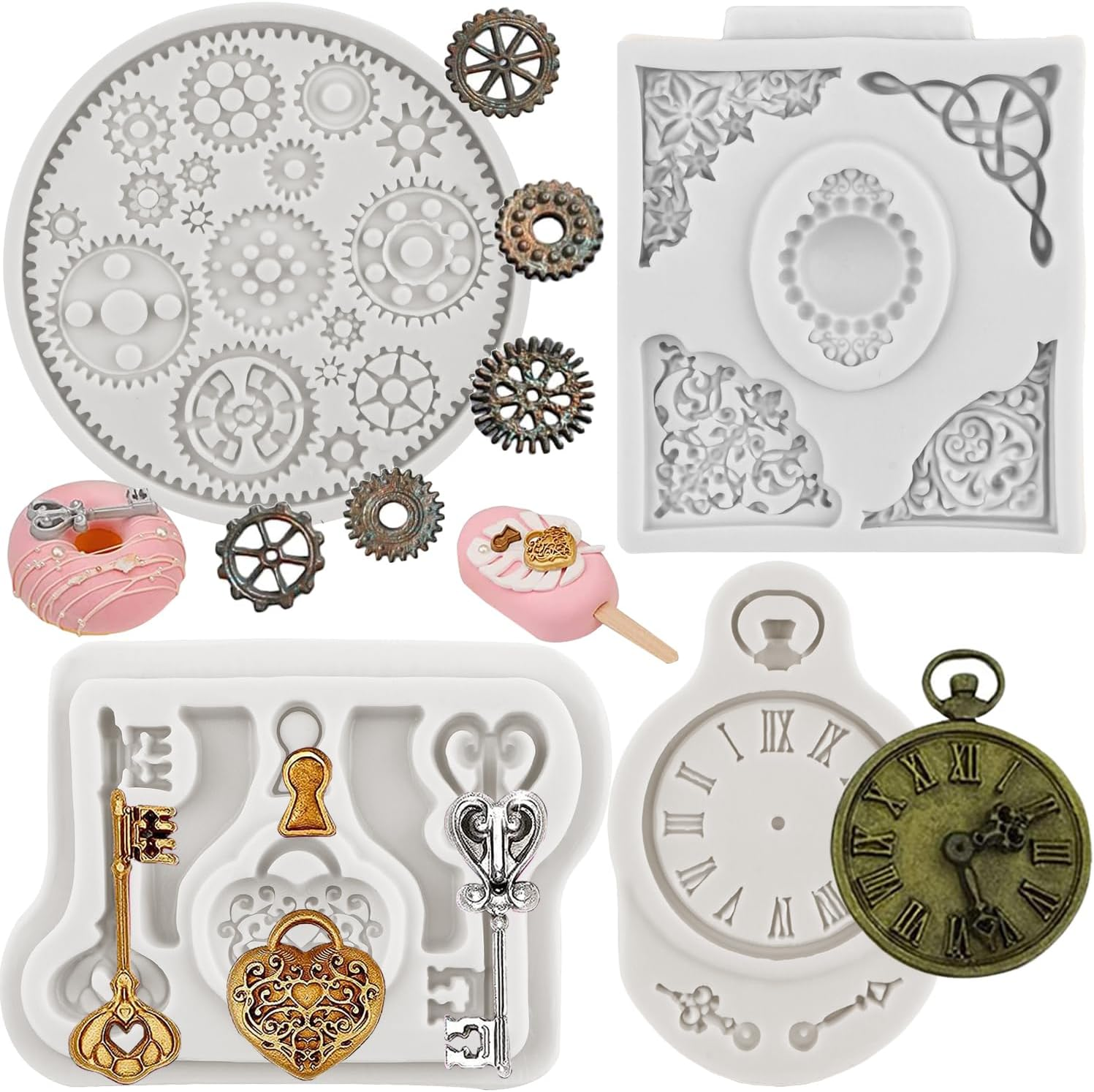 Vintage Steampunk Clock Gear Silicone Fondant Mold for Baroque Gems