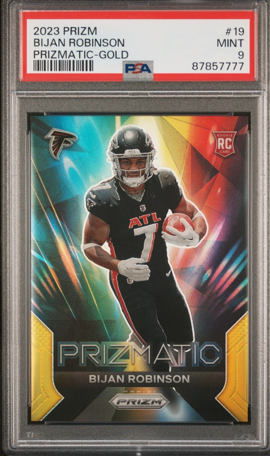 2023 Panini Prizm - Prizmatic Gold #19 Bijan Robinson /10 (RC) PSA 9 POP 3 / 2 H
