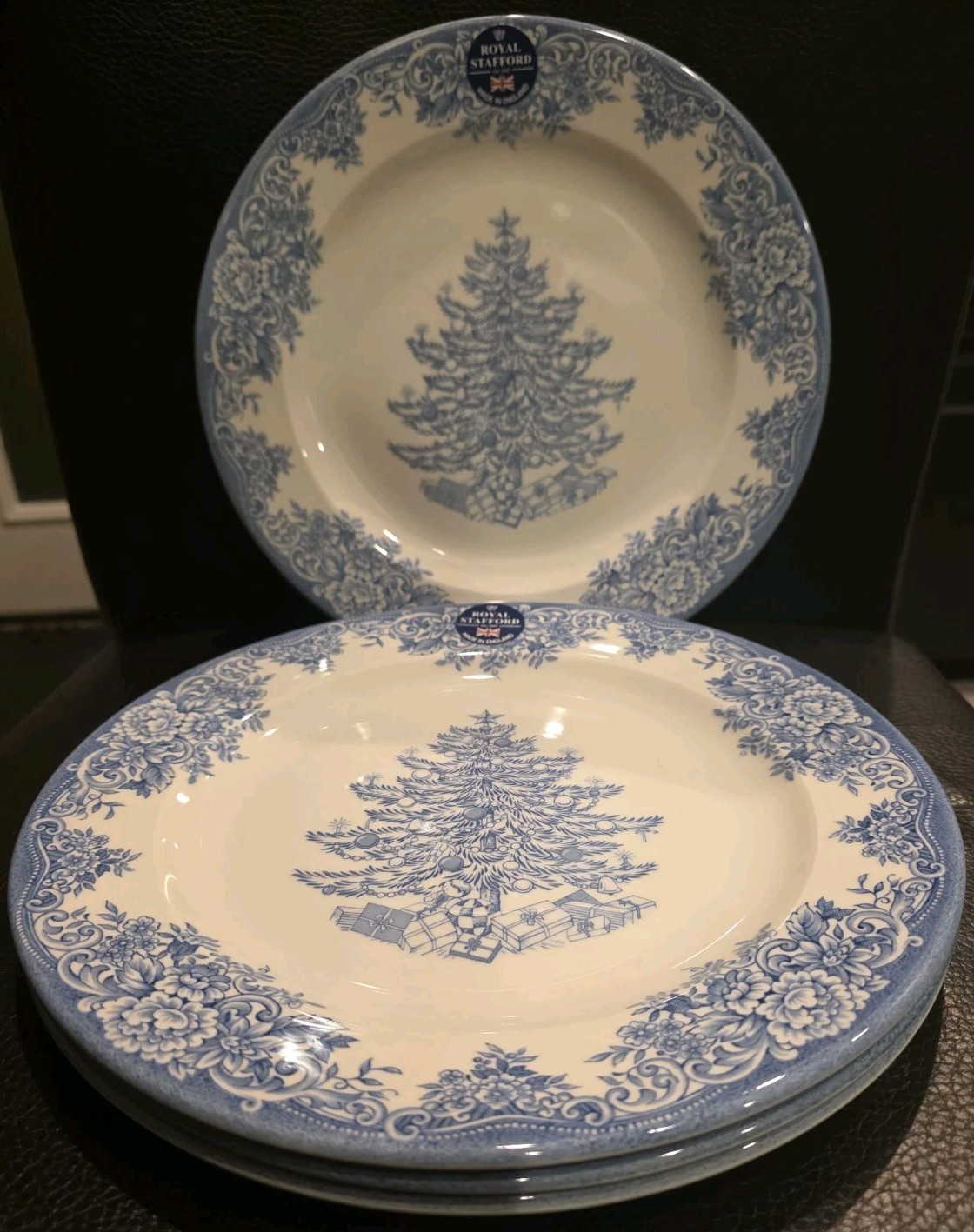 Royal Stafford Christmas Tree Blue White Dinner Plates Set of 4