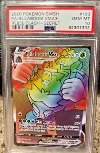 PSA 10 Pokemon Rebel Clash Secret Rare Rillaboom VMAX 193/192 PSA Gem Mint