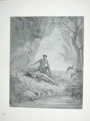Original alter antiker Druck 1881 Gustave Dore Paradise Lost Adam Eve Religion