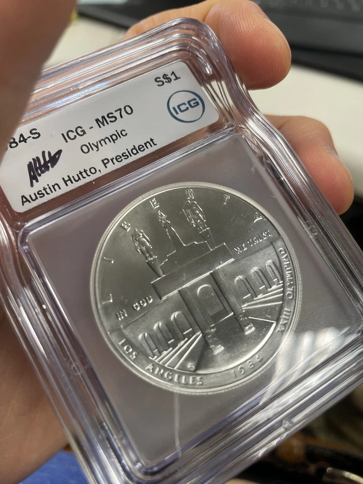1984 S MS70 USA OLYMPIC Silver Commemorative $1-ICG Hutto Signed White Label - Image 3 of 4