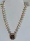 Vintage Richelieu Pearl Necklace Knotted With Faux Amethyst Pendant 15” — photo 1