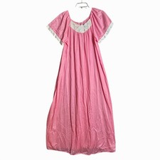 Vintage Sears Pink Nylon Nightgown Embroidered Bow Maxi Sleepwear USA One Size