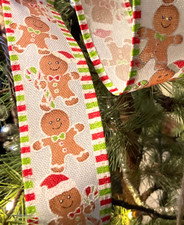 3 Yds Gingerbread Man Candy Cane Santa Hat Shimmer Ribbon 1.5 Wired Edge Ribbon