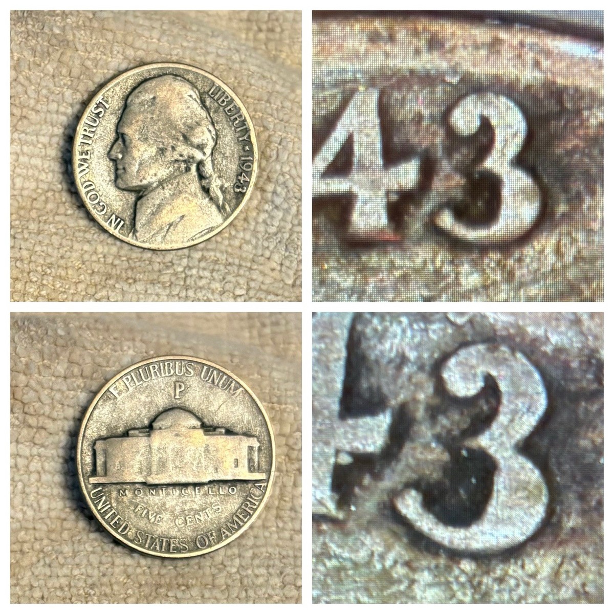 1943/2 P Wartime 35% Silver Jefferson Nickel - Mint-Error Cherry