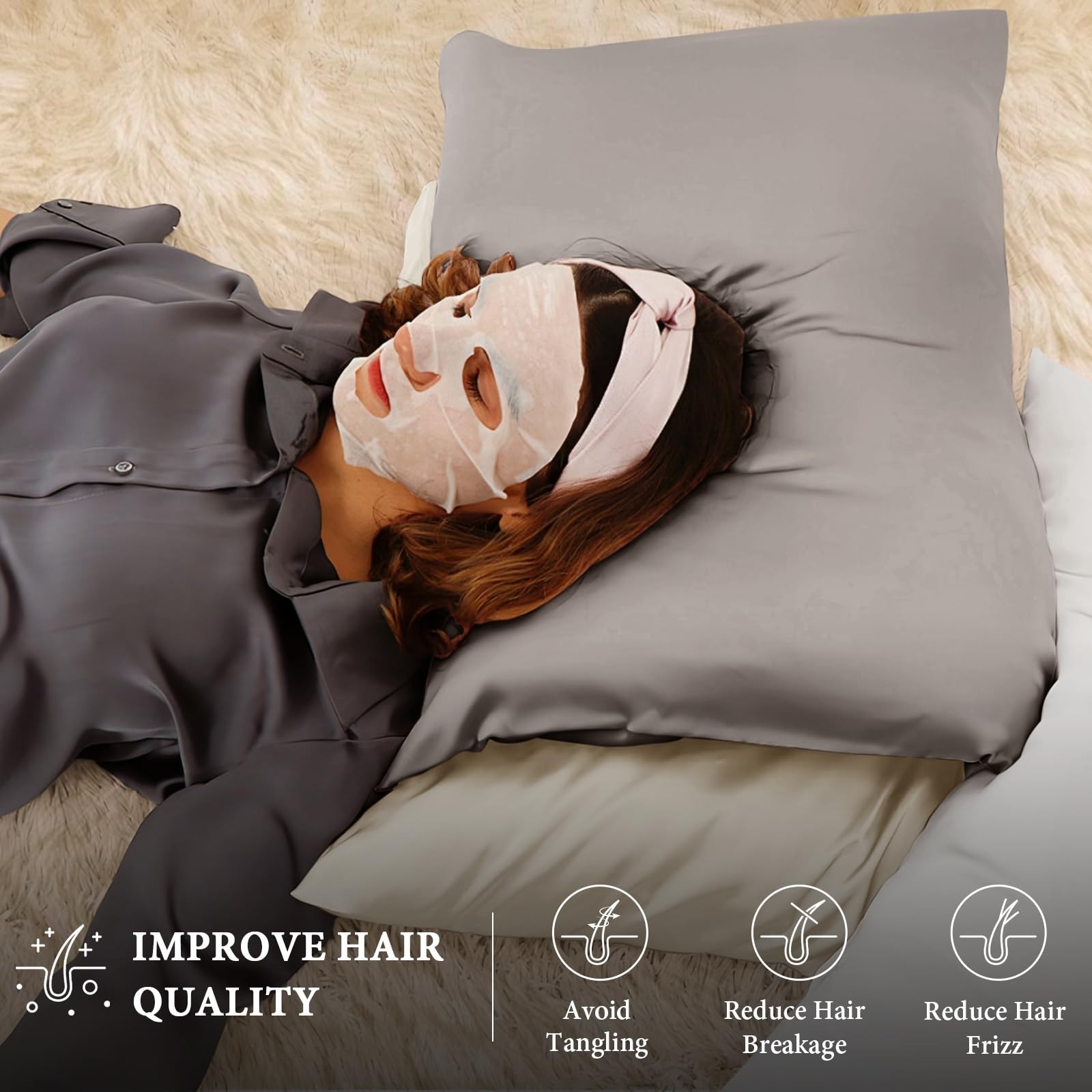 BHZ Grey Satin Goose Down Feather Pillows Queen Size with Satin Pillowcase fo...