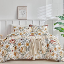 Queen Duvet Cover Set, Reversible Vintage Flowers Print Comforter Cover Queen Si