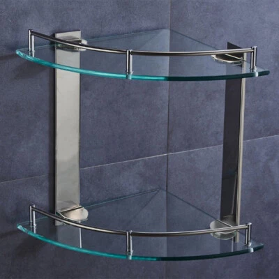 Clear Glass Corner Shelf 2 Layer Wall Mounted Storage Rack Shower Caddy Bathroom