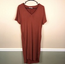 Lush Women’s Oversized Burnt Orange Long Hi-Low Hem V-Neck Shirt Dress Sz XS