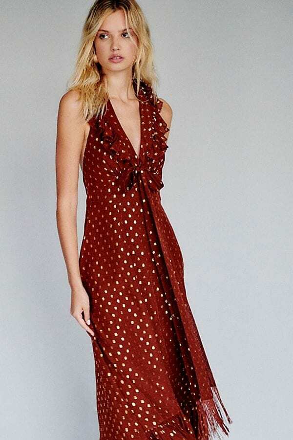 Free People Jill M's Limited Edition Brown& Gold Polka Dot Silk Maxi Dress Sz 6 | eBay Free People Jill M's Limited Edition Brown& Gold Polka Dot Silk Maxi Dress Sz 6 | eBay