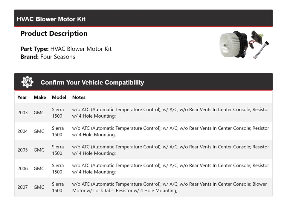 Kit de motor soplador de climatización para GMC Sierra 1500 2003-2007 4 estaciones 2004 2005 2006 Foto 2 de 4