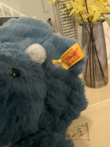 Steiff Plush Dinosaur Dixi Triceratops Cuddly Soft Toy Blue Approx 24cm - Picture 10 of 10