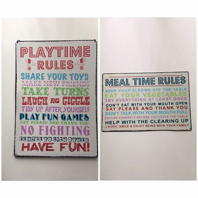 2 Blechschilder Metallschild Schild Spielzeit Essen Regeln Kinder Familie