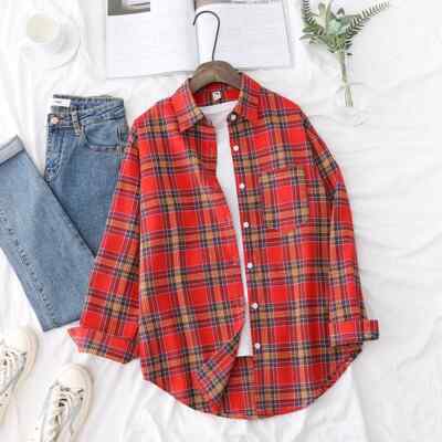 Kariertes Hemd Damen Loose Fit Bluse Langarm Button Down Freizeit Oberteil XS-XL
