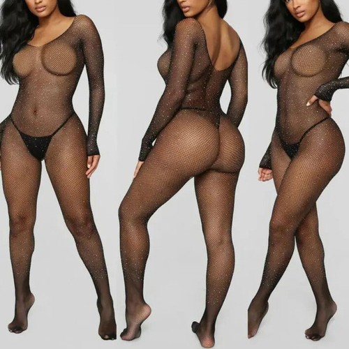 Bling Rhinestone Fishnet Bodysuit Mesh Long Tights Sexy Lingerie Body Stockings - Picture 10 of 10