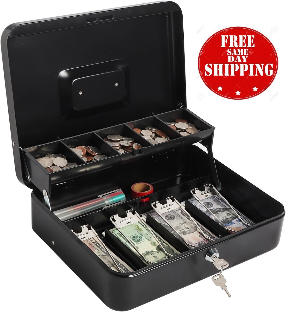 Large Cash Box with Money Tray and Lock, Metal Money Box for Cash