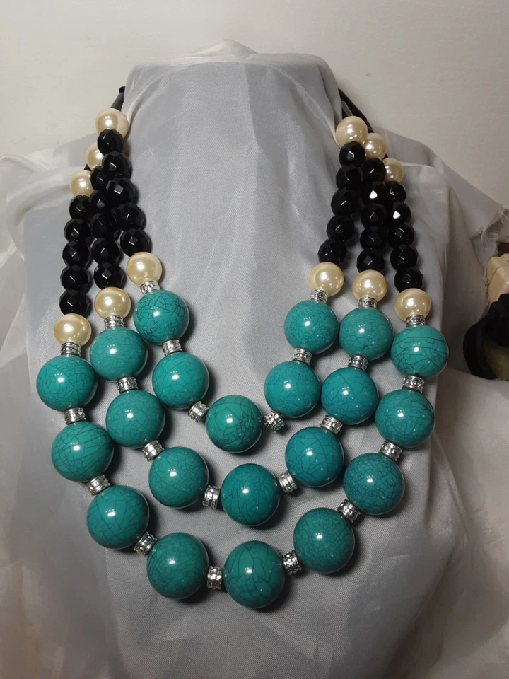 Necklace Silver Tone Teal Black White Graduate Triple Layer Strand Stamped NRT - Image 4 of 4