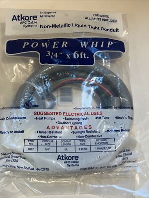 AFC Power Whip 3/4'' X 6'. 8/3 seal tight flex pre wired. New & Free Shipping