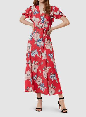 $325 French Connection Women's Pink Azalea Floral V-Neck Cari Maxi Wrap Dress 8
